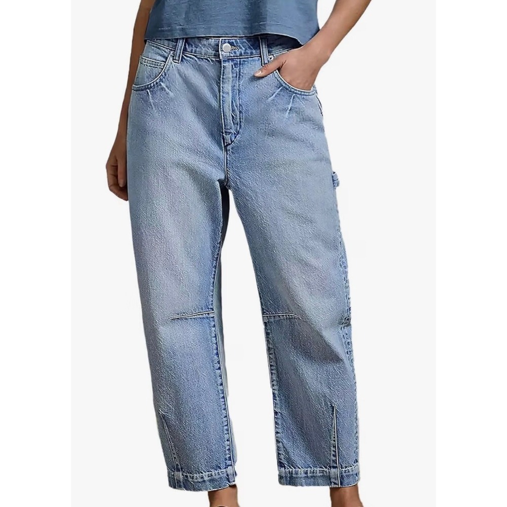 Flamingals Womens High Rise Barrel Cropped Cargo Jeans Light Wash Blue 3XL 16-18